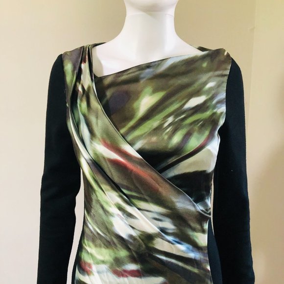 KAREN MILLEN BLACK COCKTAIL DRESS W/ ABSTRACT SILK PANEL ON FRONT OF DRE… - Picture 6 of 7